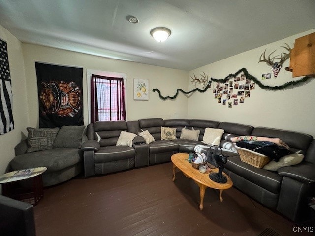 living room featuring dark wood-type flooring