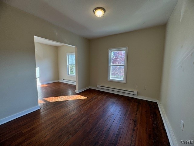 empty room with dark hardwood / wood-style floors and a baseboard radiator