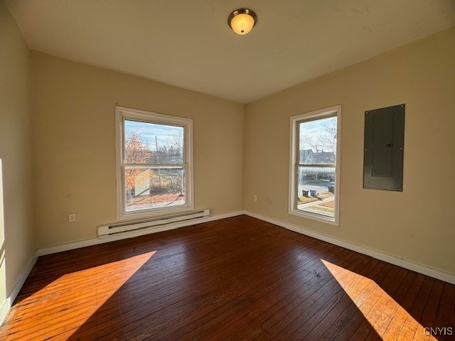 spare room featuring electric panel, a baseboard radiator, and dark wood-type flooring