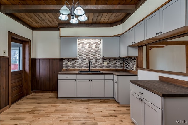 kitchen featuring wood walls, wood ceiling, sink, and light hardwood / wood-style flooring