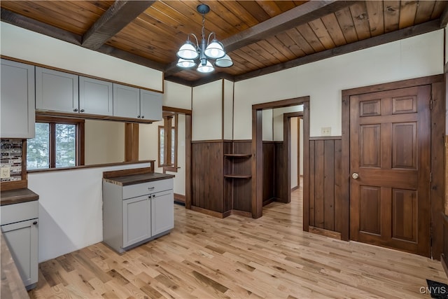 kitchen with hanging light fixtures, wooden ceiling, beamed ceiling, and light hardwood / wood-style flooring