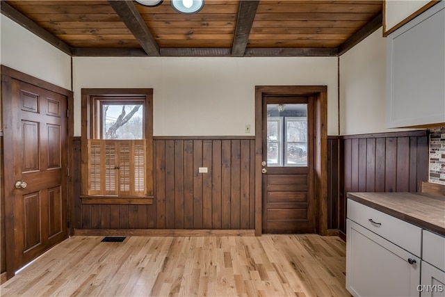 doorway with wood ceiling, light hardwood / wood-style floors, and plenty of natural light