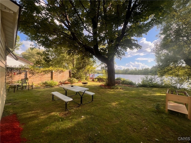 view of community featuring a water view and a yard