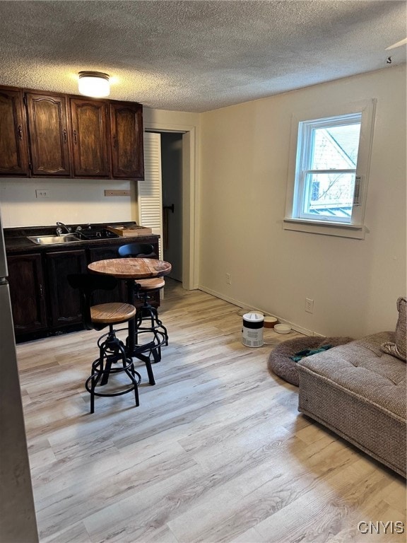 kitchen with a textured ceiling, sink, dark brown cabinets, and light hardwood / wood-style flooring