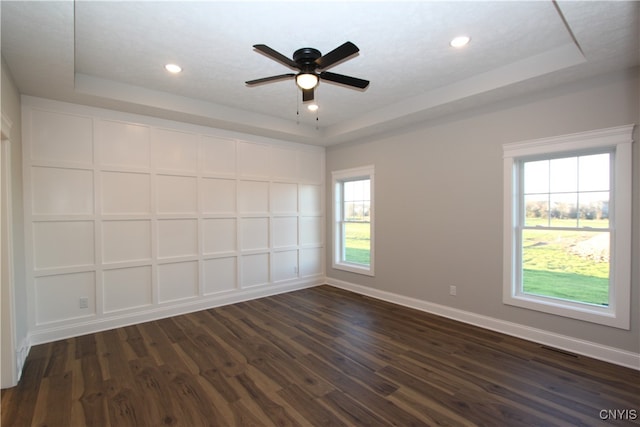 spare room featuring dark wood-type flooring, a healthy amount of sunlight, and a tray ceiling