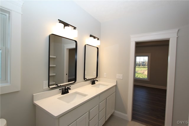 bathroom with wood-type flooring and vanity