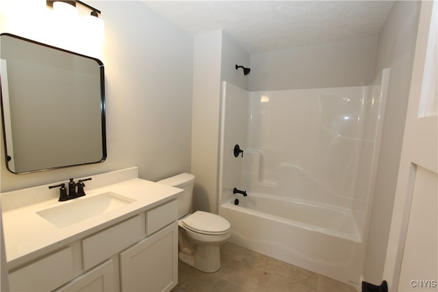 full bathroom featuring a textured ceiling, vanity, shower / bath combination, tile patterned floors, and toilet