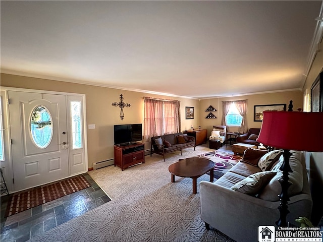 living room with baseboard heating and ornamental molding