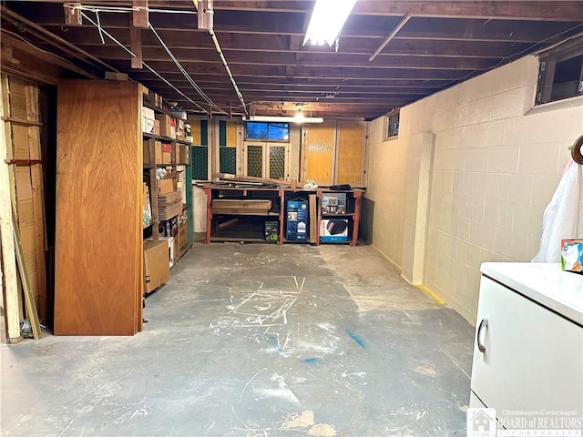 basement with fridge