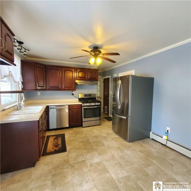 kitchen with sink, baseboard heating, ornamental molding, ceiling fan, and stainless steel appliances