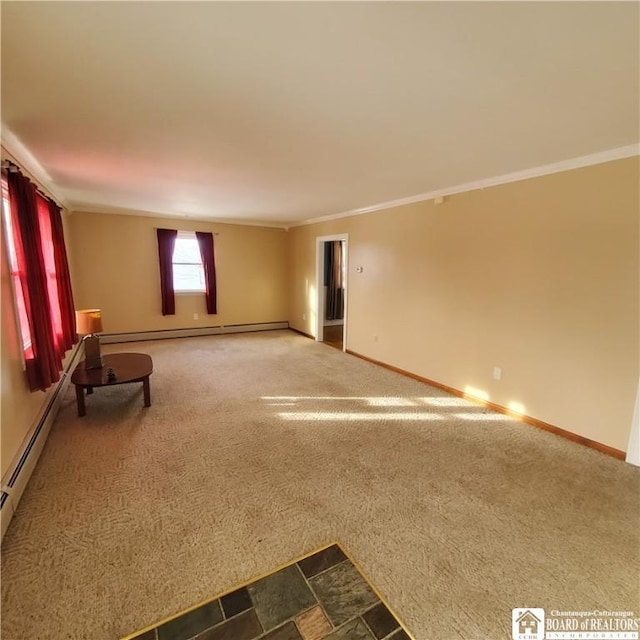 unfurnished living room with ornamental molding, carpet flooring, and a baseboard radiator