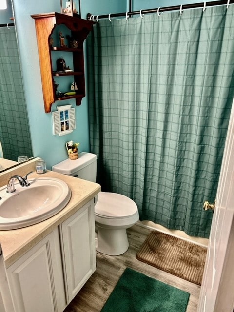 bathroom featuring toilet, vanity, and wood-type flooring