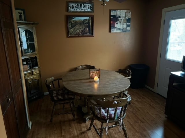 dining room with hardwood / wood-style flooring and ceiling fan