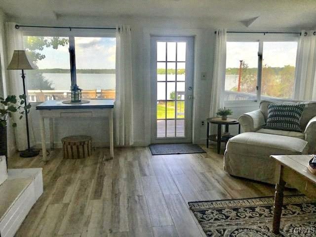 doorway to outside featuring hardwood / wood-style floors and a water view