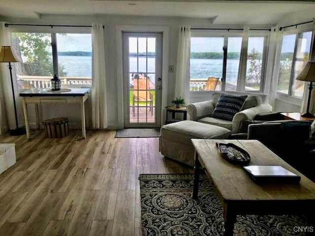 interior space with plenty of natural light and a water view