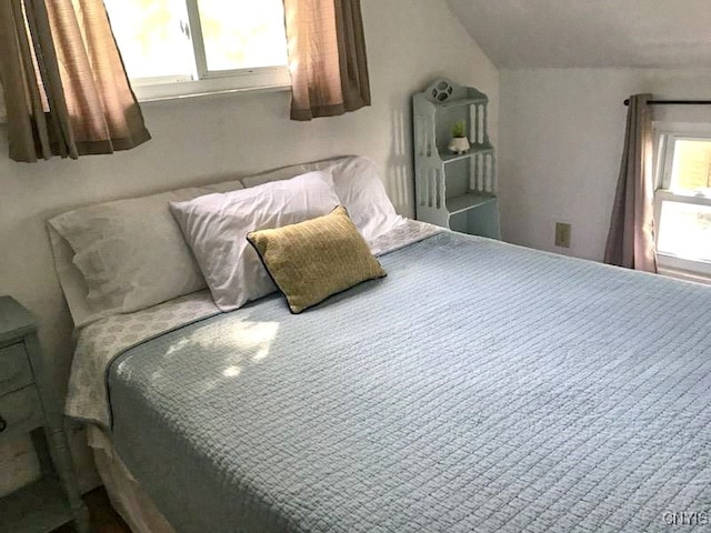 bedroom featuring multiple windows and vaulted ceiling