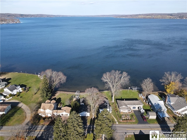 bird's eye view with a water view