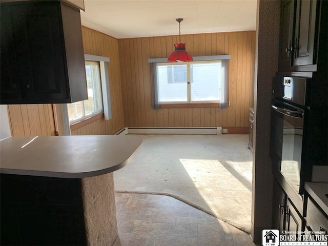 unfurnished dining area with a baseboard heating unit, light colored carpet, and wood walls