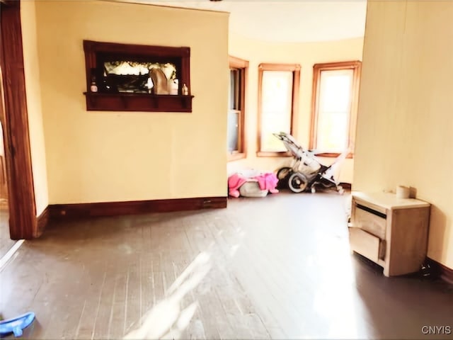 workout area featuring dark hardwood / wood-style flooring