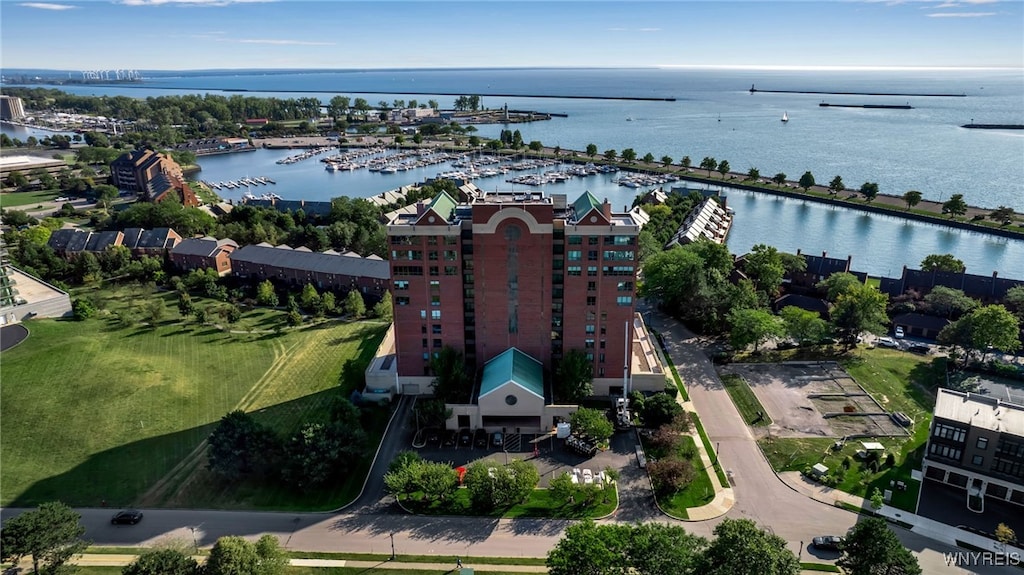 drone / aerial view with a water view