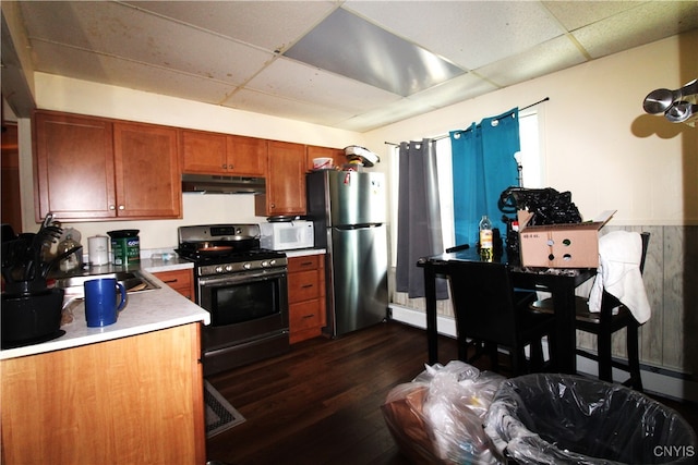 kitchen featuring dark wood-type flooring, a paneled ceiling, appliances with stainless steel finishes, and sink