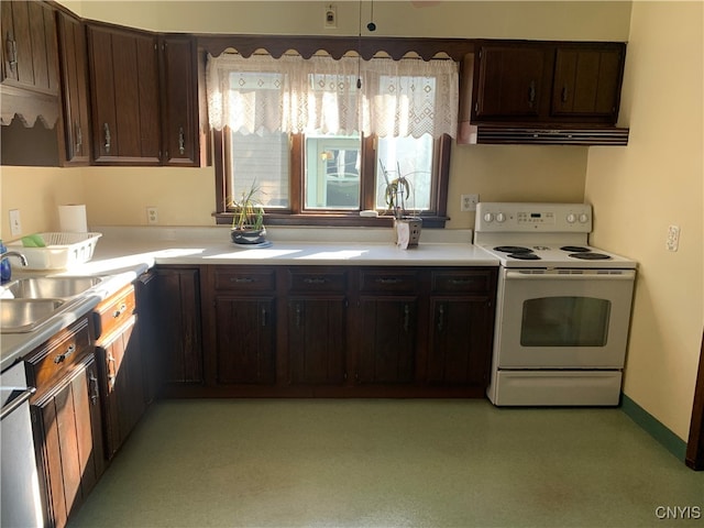 kitchen with dark brown cabinetry, sink, white electric range oven, and range hood