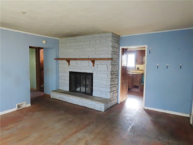 unfurnished living room with a fireplace, dark hardwood / wood-style floors, and crown molding