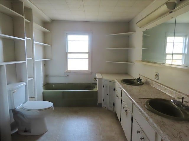 bathroom with tile patterned flooring, a bathtub, vanity, and toilet