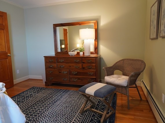 living area with wood-type flooring, a baseboard radiator, and ornamental molding