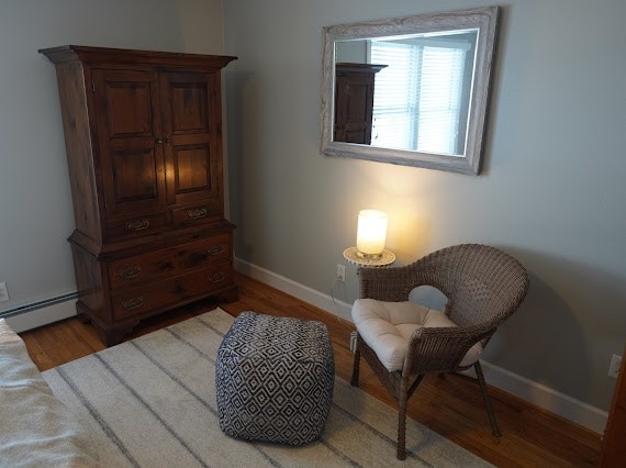 living area featuring baseboard heating and light hardwood / wood-style flooring