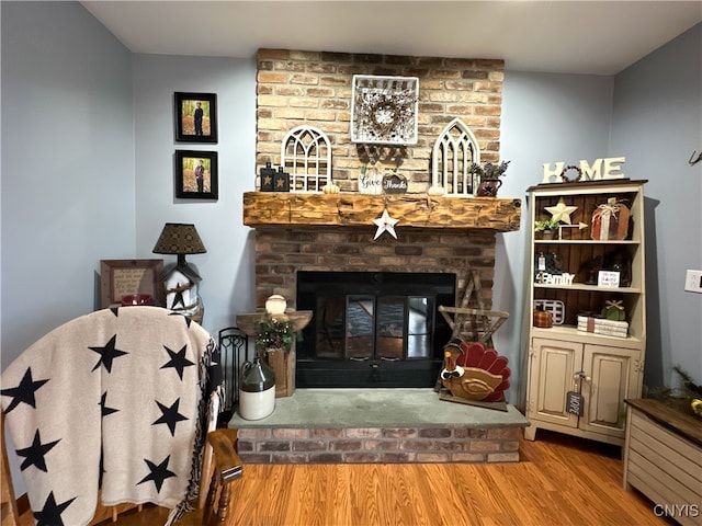 living area featuring hardwood / wood-style floors and a fireplace