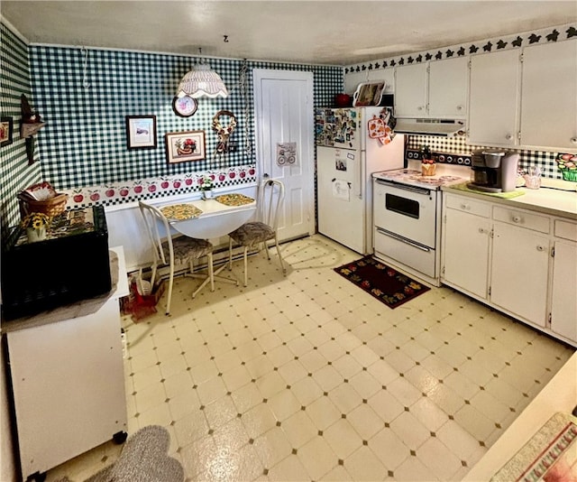 kitchen featuring white cabinets, white appliances, backsplash, and range hood