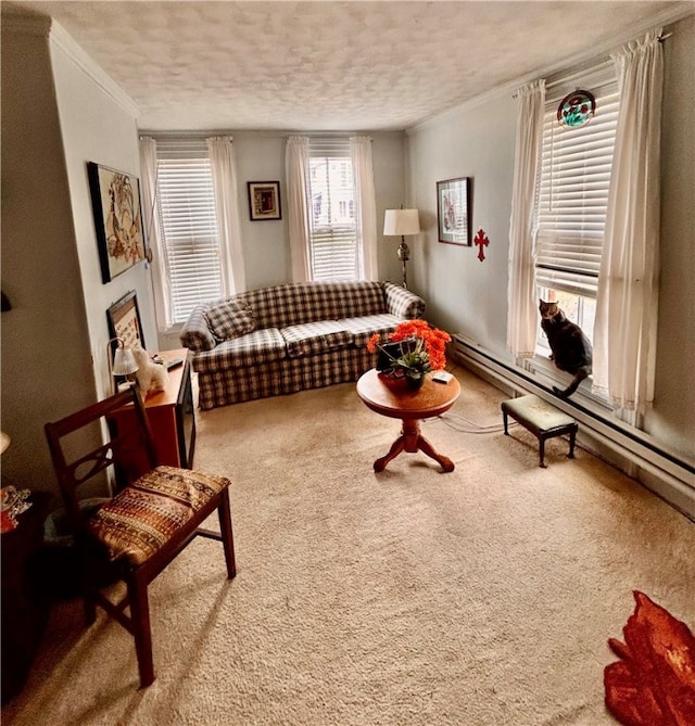 living room featuring carpet, a baseboard heating unit, a textured ceiling, and ornamental molding