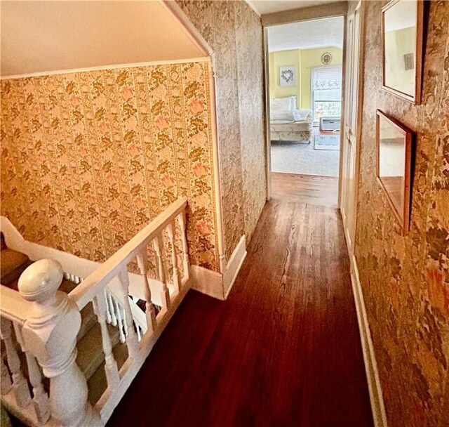 hallway featuring wood-type flooring and crown molding