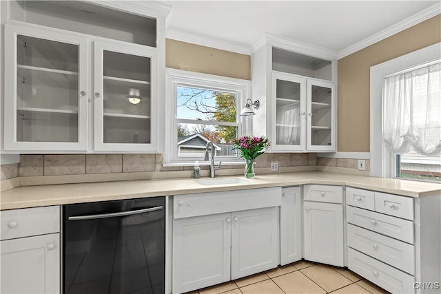 kitchen featuring white cabinetry, sink, dishwasher, and ornamental molding