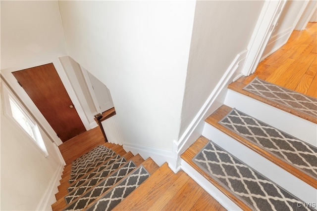 stairs with hardwood / wood-style floors