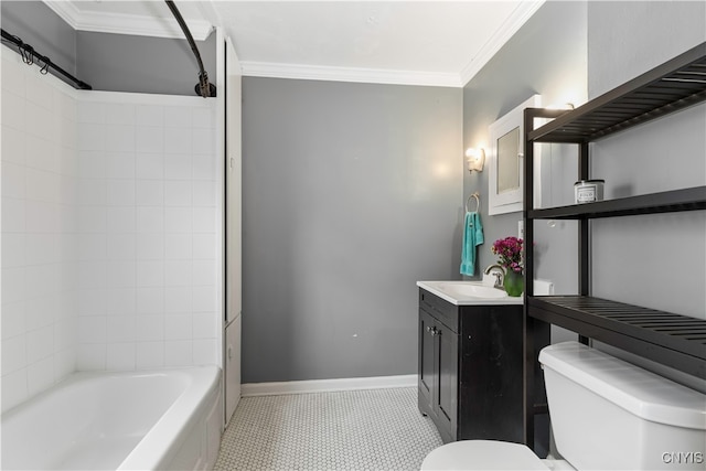 full bathroom featuring shower / tub combination, tile patterned flooring, ornamental molding, vanity, and toilet