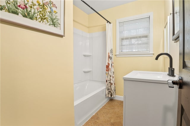 bathroom with vanity and shower / bathtub combination with curtain