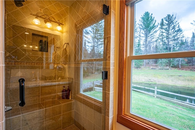 bathroom with an enclosed shower and a water view