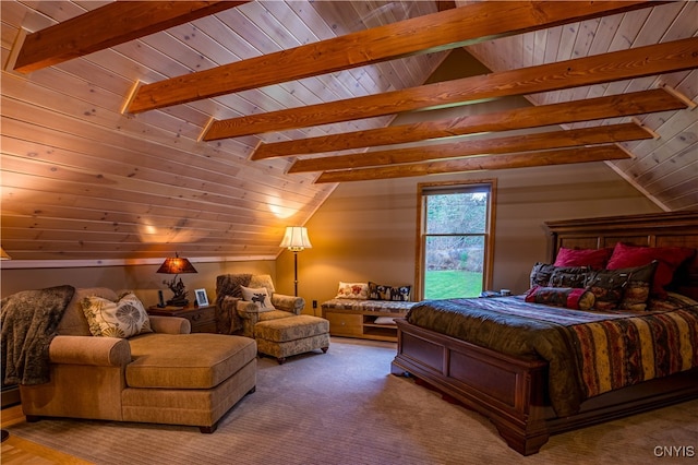 carpeted bedroom featuring vaulted ceiling with beams and wood ceiling