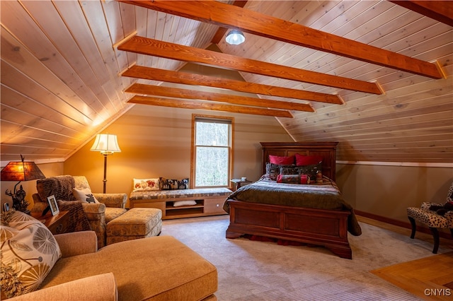 bedroom featuring wood ceiling, vaulted ceiling with beams, and carpet floors