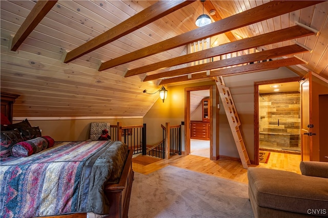 bedroom featuring wooden ceiling, light hardwood / wood-style floors, wooden walls, and lofted ceiling with beams