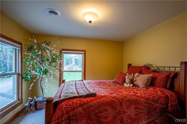 carpeted bedroom featuring multiple windows