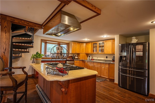 kitchen with stainless steel appliances, sink, dark hardwood / wood-style floors, ventilation hood, and a kitchen island