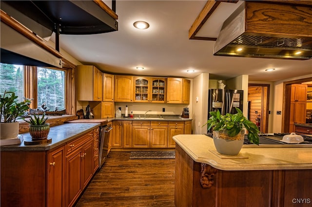 kitchen featuring stainless steel refrigerator with ice dispenser, dark wood-type flooring, and sink