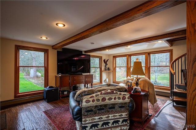 living room featuring beamed ceiling, a wealth of natural light, hardwood / wood-style floors, and baseboard heating