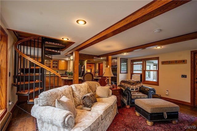 living room featuring beamed ceiling, a baseboard radiator, and dark hardwood / wood-style flooring