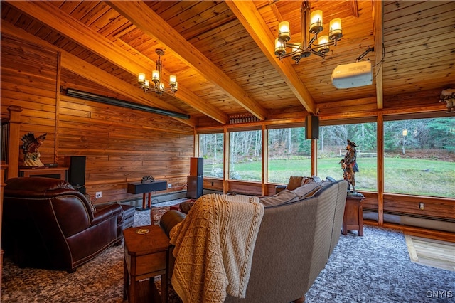 living room with wooden walls, wood ceiling, hardwood / wood-style flooring, and vaulted ceiling with beams