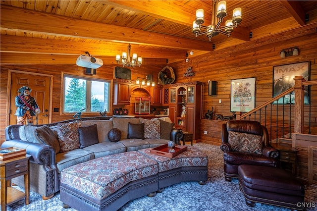 living room featuring wooden walls, vaulted ceiling with beams, a chandelier, and wooden ceiling