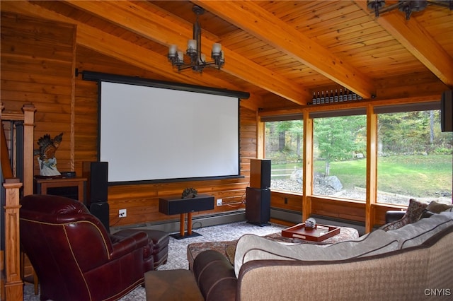 home theater with lofted ceiling with beams, wood ceiling, a notable chandelier, and carpet